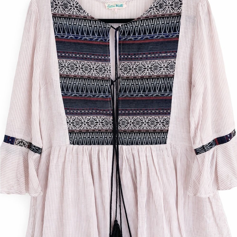 Cotton Bleu Boho Embroidered Peasant Blouse Tassel Tie Pink Size L